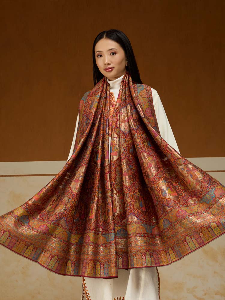 ImageNaqqashi Royale Kalamkari Zari Shawl – Scarlet, Gold