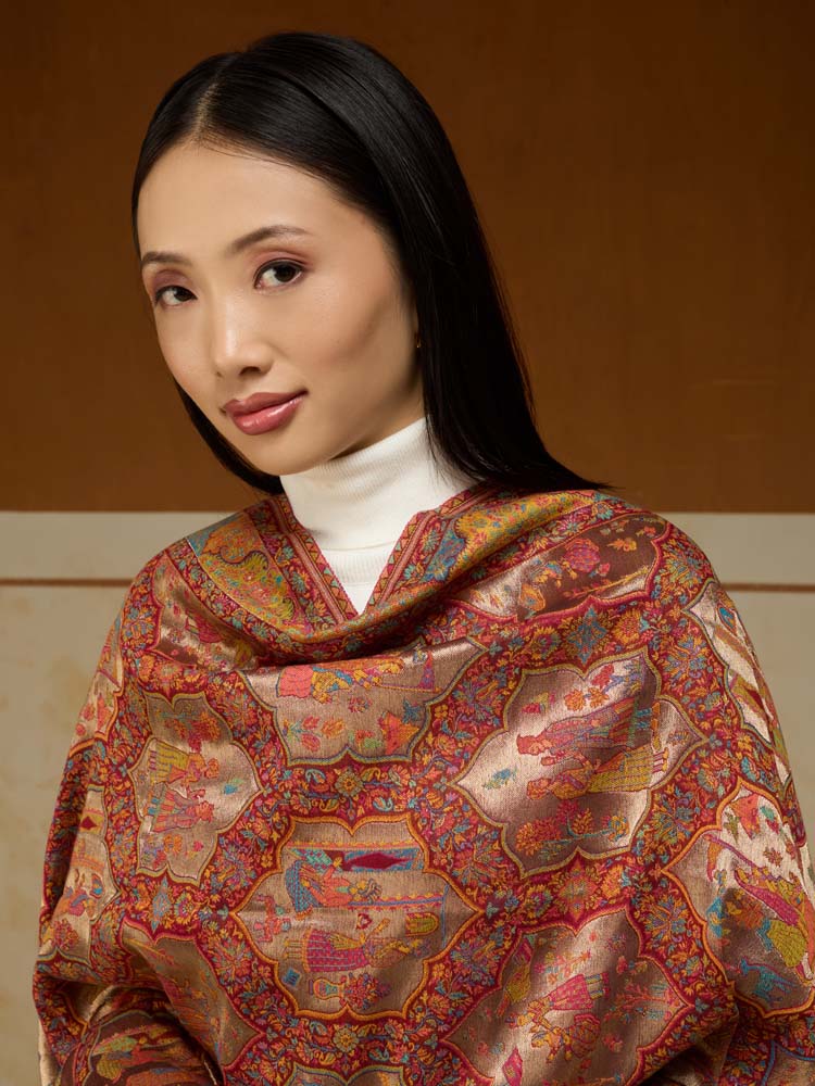 ImageNaqqashi Royale Kalamkari Zari Shawl – Scarlet, Gold