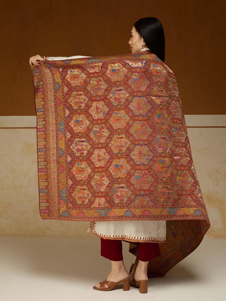 ImageNaqqashi Royale Kalamkari Zari Shawl – Scarlet, Gold