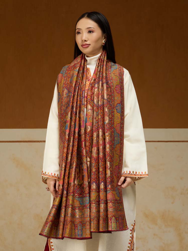 ImageNaqqashi Royale Kalamkari Zari Shawl – Scarlet, Gold