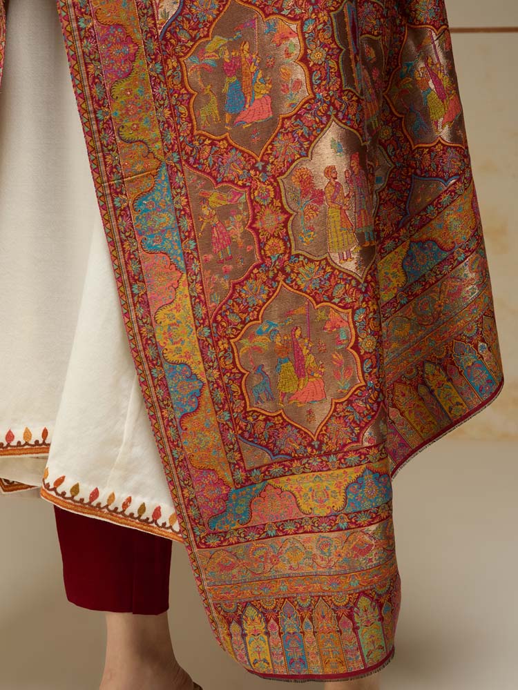 ImageNaqqashi Royale Kalamkari Zari Shawl – Scarlet, Gold