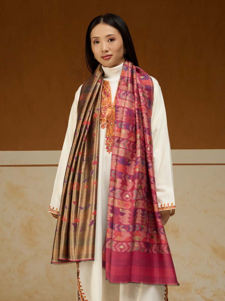 ImageZardozi Ikat Wool Zari Reversible Shawl – Fucshia Gold