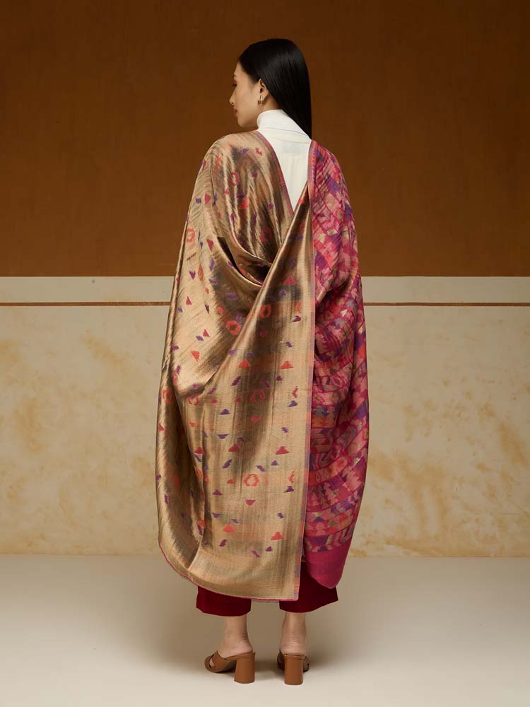 ImageZardozi Ikat Wool Zari Reversible Shawl – Fucshia Gold