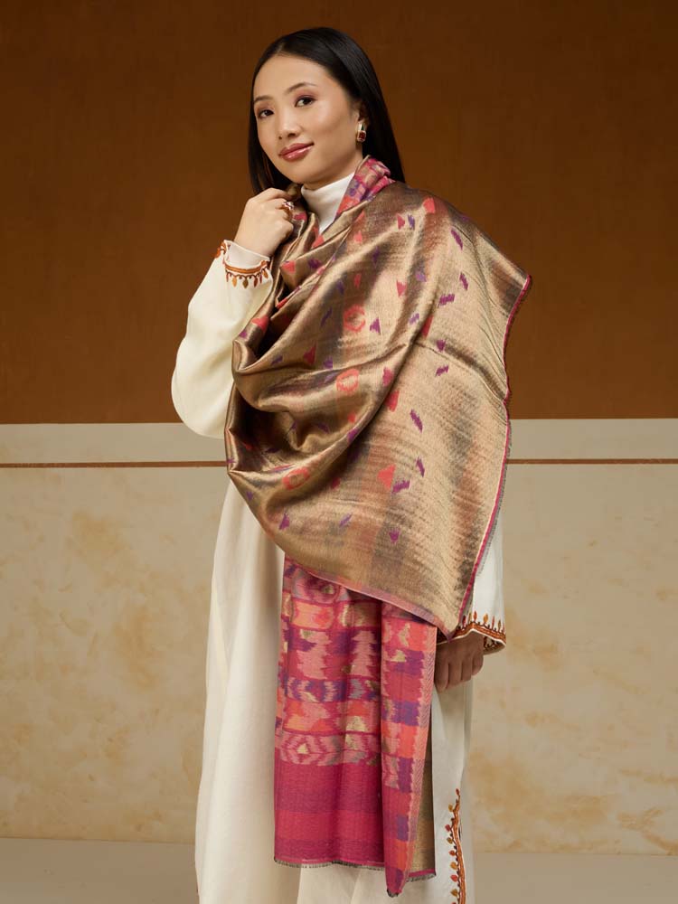 ImageZardozi Ikat Wool Zari Reversible Shawl – Fucshia Gold