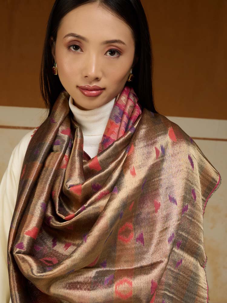 ImageZardozi Ikat Wool Zari Reversible Shawl – Fucshia Gold