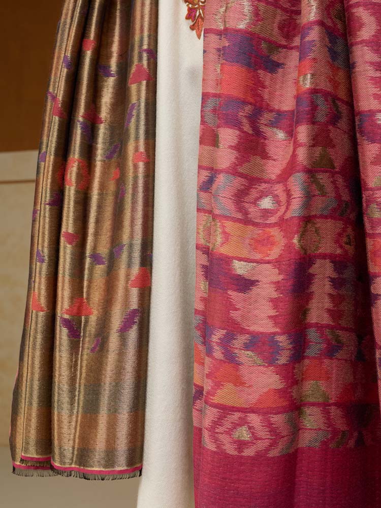 ImageZardozi Ikat Wool Zari Reversible Shawl – Fucshia Gold