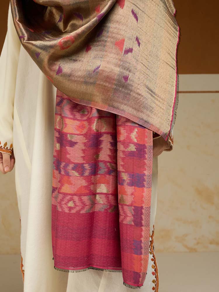 ImageZardozi Ikat Wool Zari Reversible Shawl – Fucshia Gold