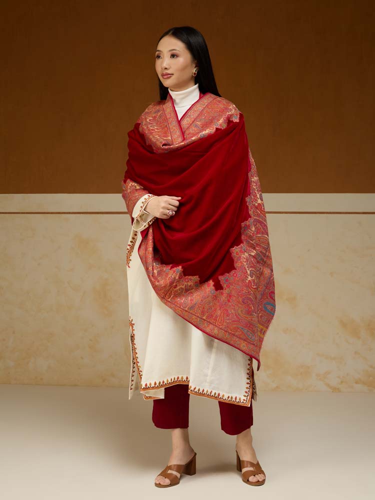 Pechdar Paisley Velvet Wool Shawl - Crimson Red