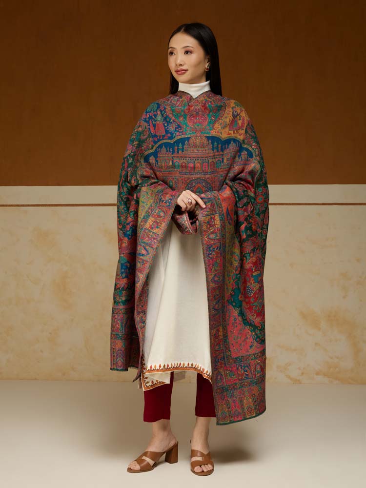 ImageRaj Shobha Kalamkari Wool Shawl – Aegean Multi