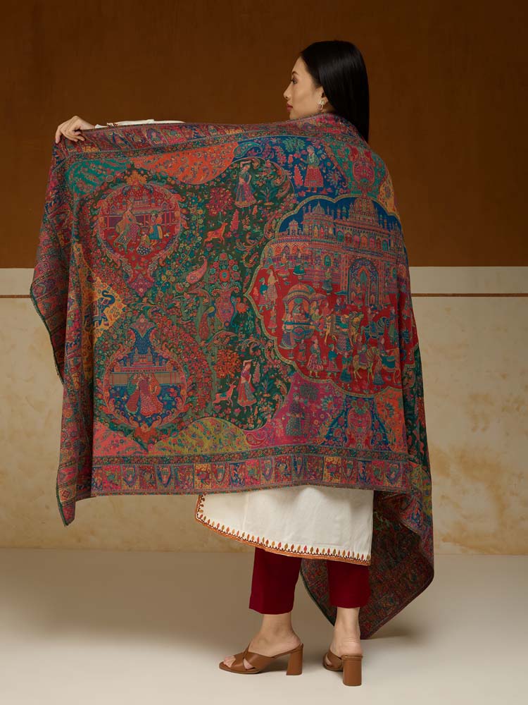 ImageRaj Shobha Kalamkari Wool Shawl – Aegean Multi