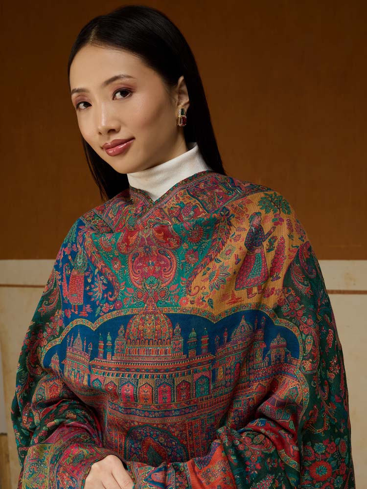 ImageRaj Shobha Kalamkari Wool Shawl – Aegean Multi