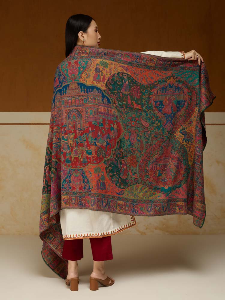 ImageRaj Shobha Kalamkari Wool Shawl – Aegean Multi