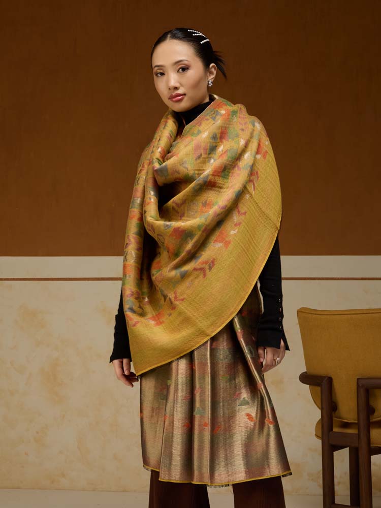 ImageZardozi Ikat Wool Zari Reversible Shawl –  Honey Gold