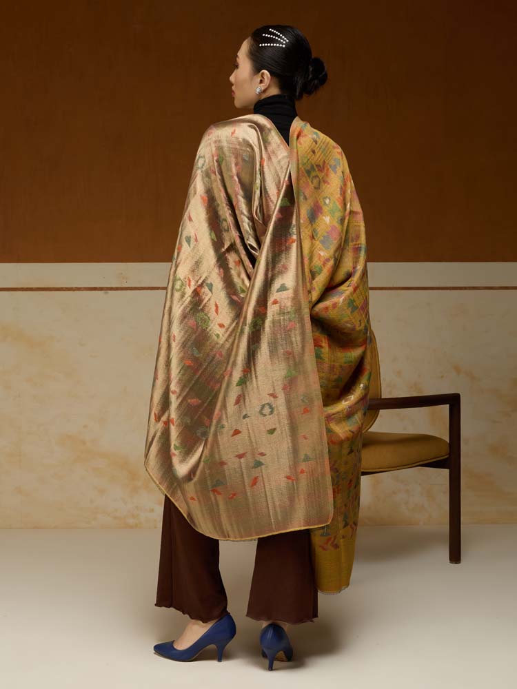 ImageZardozi Ikat Wool Zari Reversible Shawl –  Honey Gold