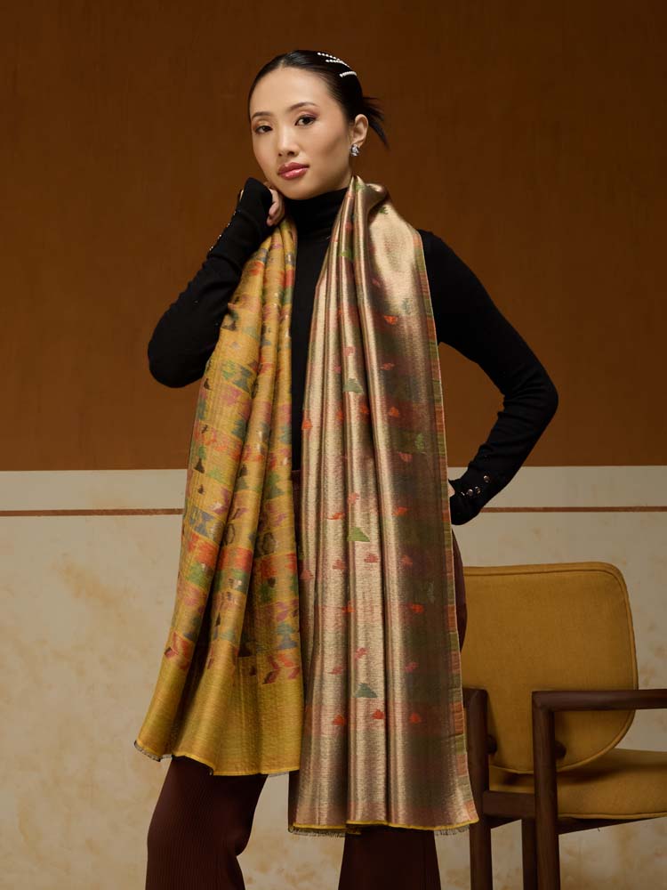 ImageZardozi Ikat Wool Zari Reversible Shawl –  Honey Gold