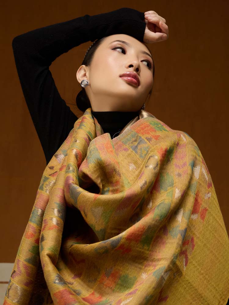 ImageZardozi Ikat Wool Zari Reversible Shawl –  Honey Gold