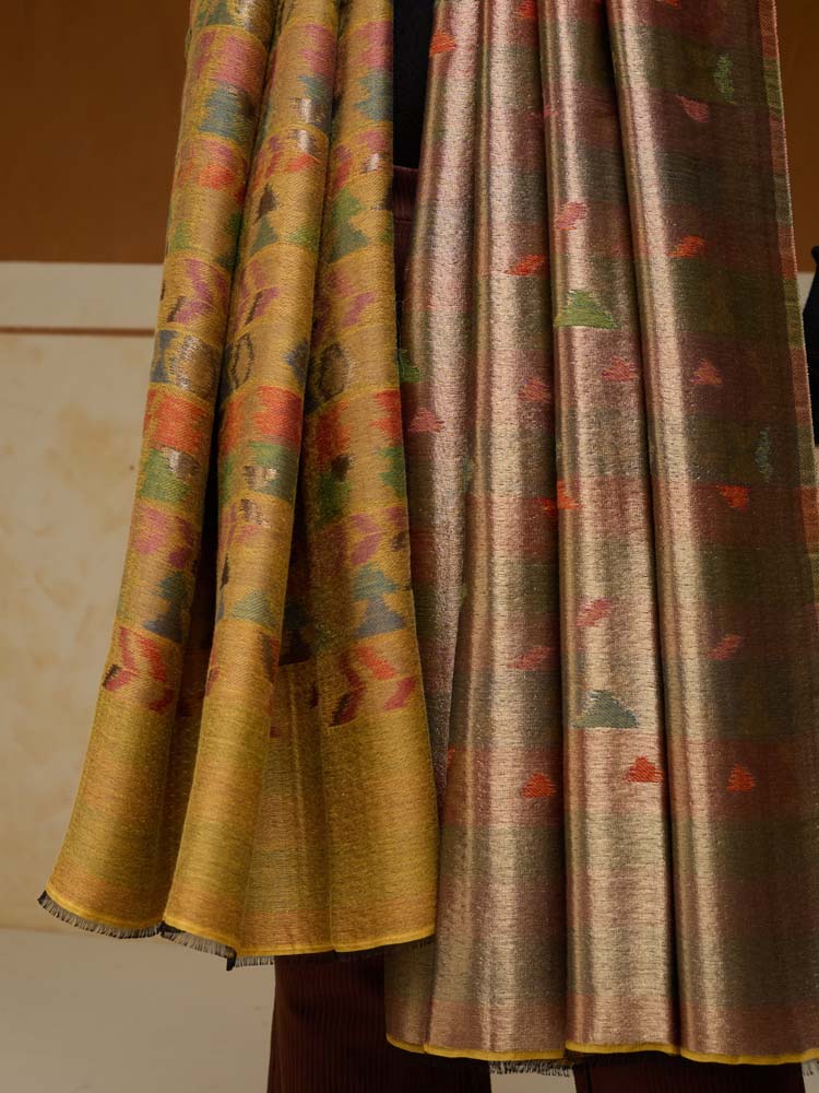 ImageZardozi Ikat Wool Zari Reversible Shawl –  Honey Gold