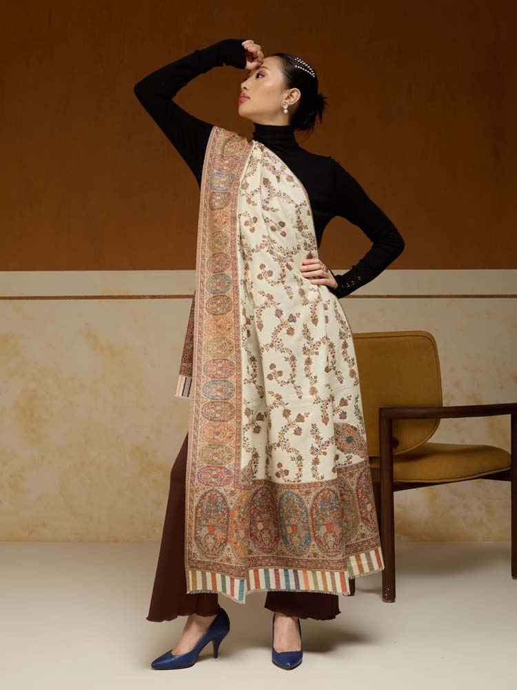ImageKusumrekhā Floral Kani Shawl – Cloud, Beige