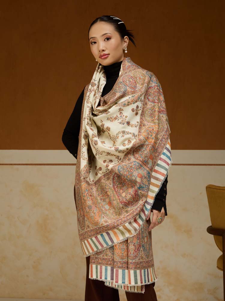 ImageKusumrekhā Floral Kani Shawl – Cloud, Beige
