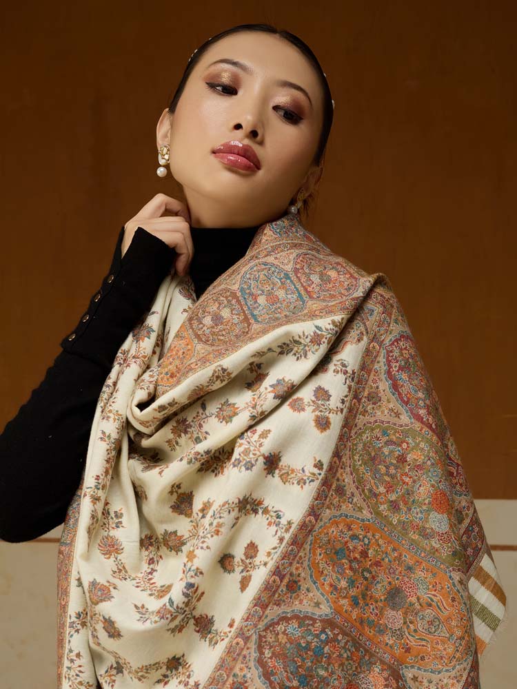 ImageKusumrekhā Floral Kani Shawl – Cloud, Beige