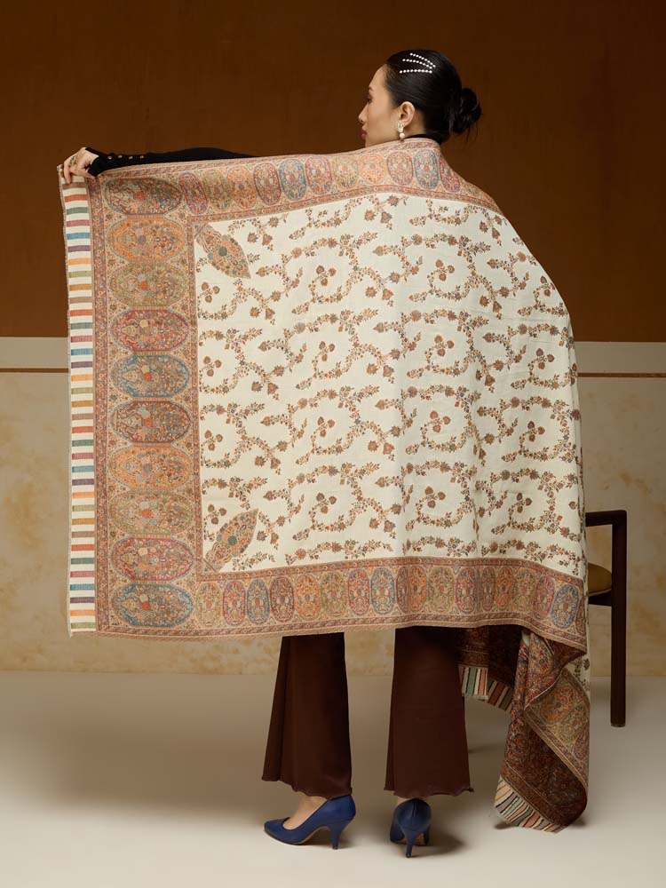 ImageKusumrekhā Floral Kani Shawl – Cloud, Beige