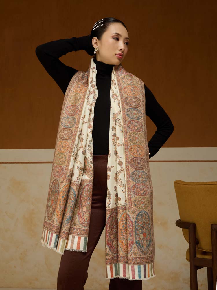 ImageKusumrekhā Floral Kani Shawl – Cloud, Beige