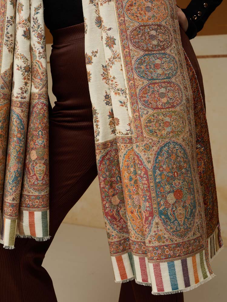 ImageKusumrekhā Floral Kani Shawl – Cloud, Beige