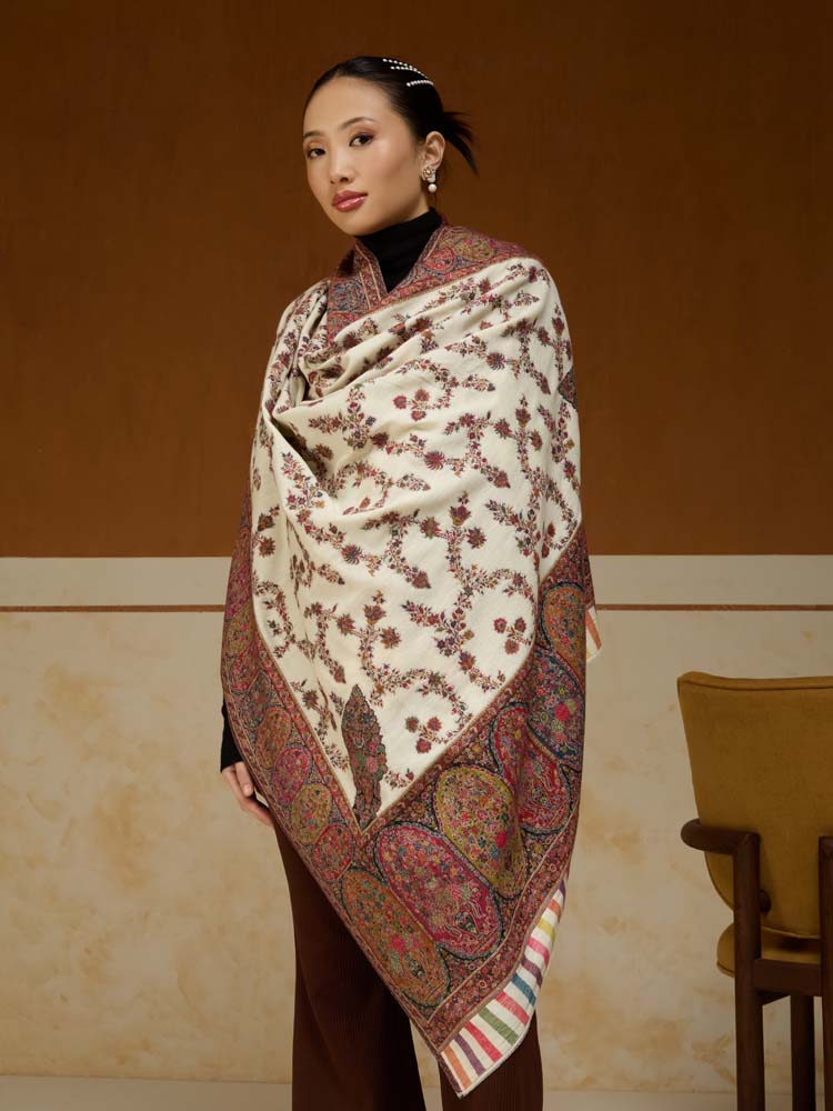 ImageKusumrekhā Floral Kani Shawl – Antique White