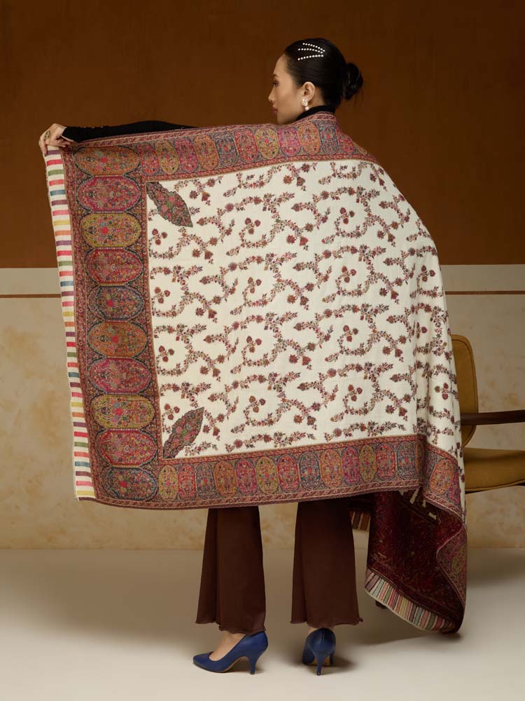 ImageKusumrekhā Floral Kani Shawl – Antique White