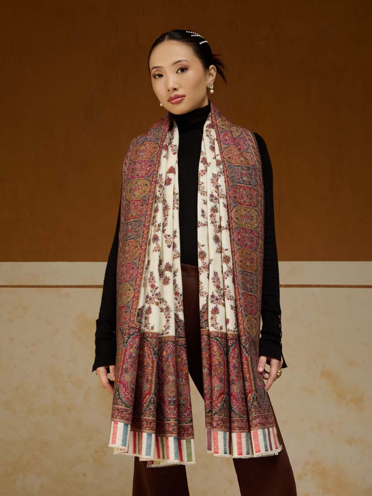 ImageKusumrekhā Floral Kani Shawl – Antique White
