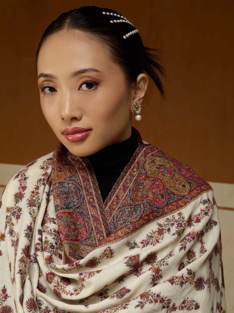 ImageKusumrekhā Floral Kani Shawl – Antique White