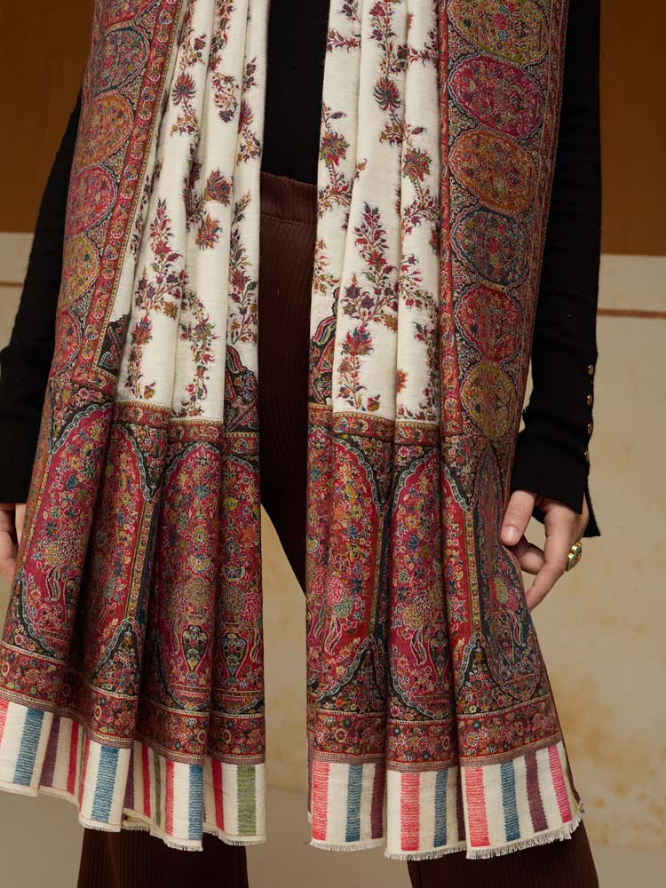 ImageKusumrekhā Floral Kani Shawl – Antique White