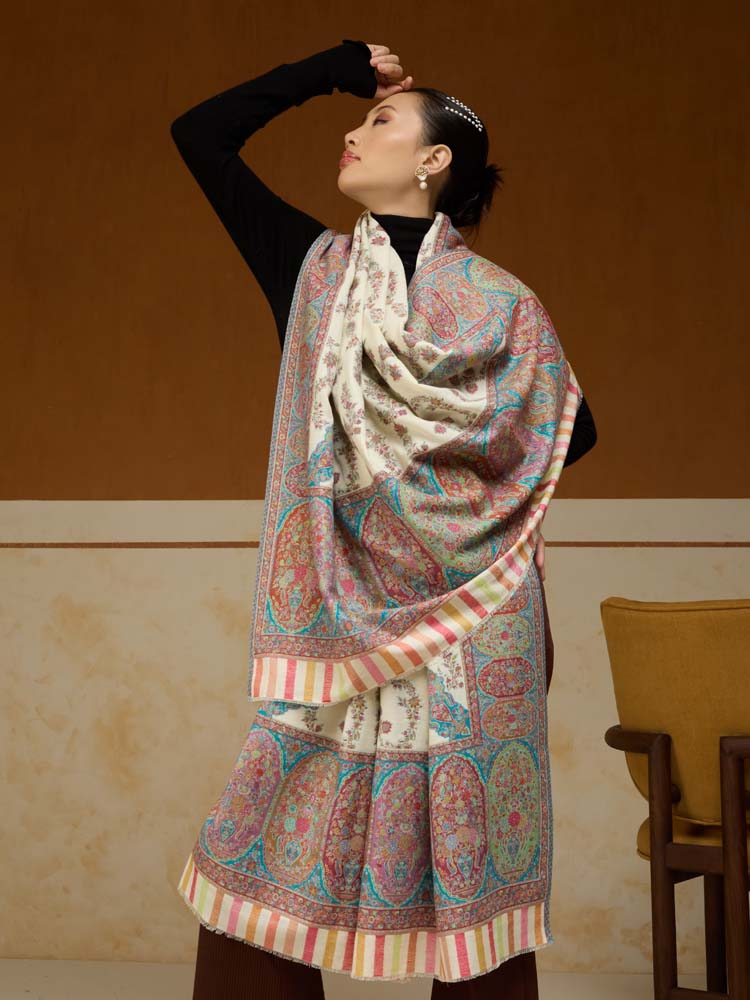 ImageKusumrekhā Floral Kani Shawl – Teal, White