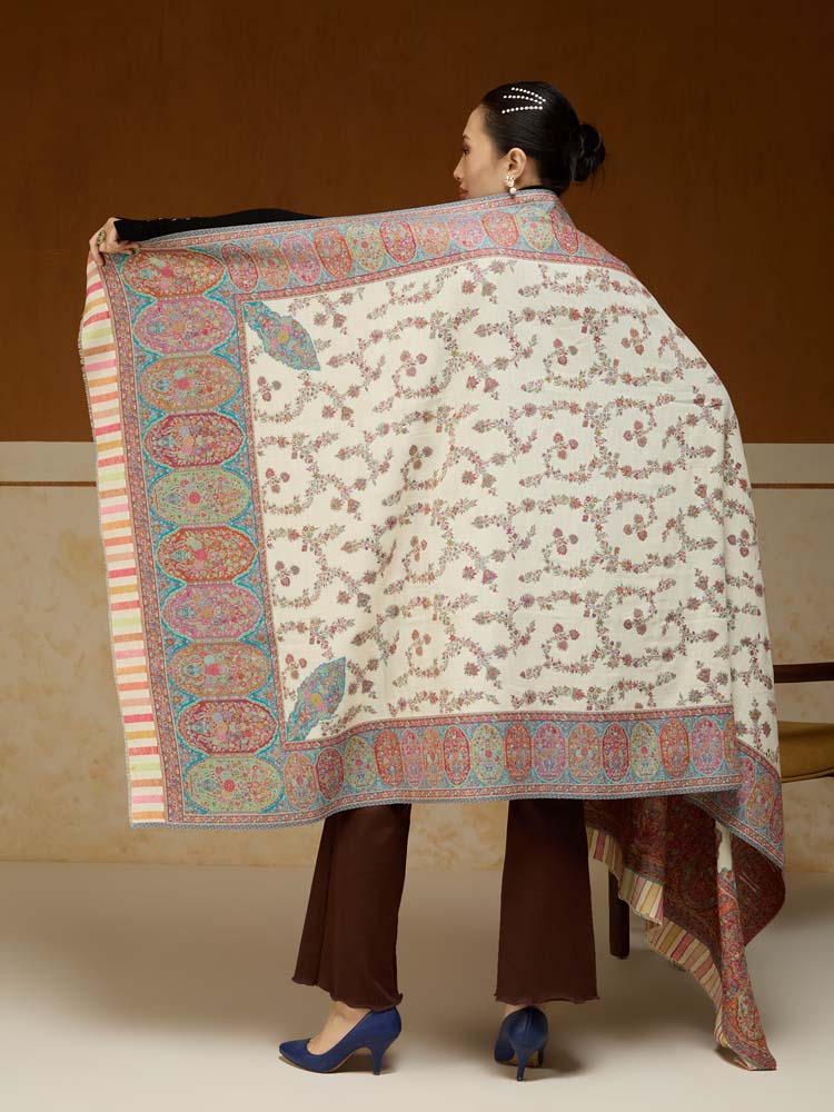 ImageKusumrekhā Floral Kani Shawl – Teal, White