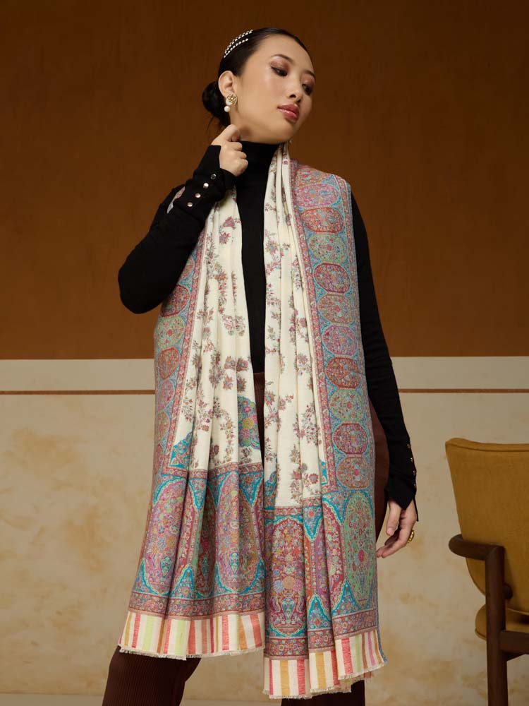 ImageKusumrekhā Floral Kani Shawl – Teal, White