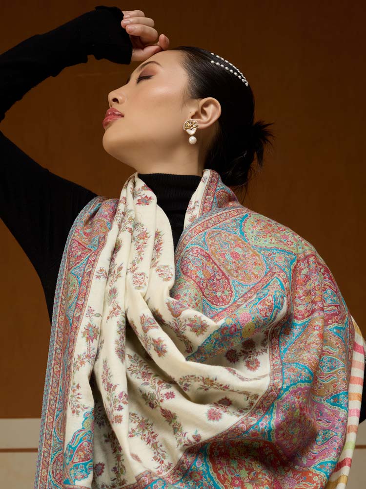 ImageKusumrekhā Floral Kani Shawl – Teal, White