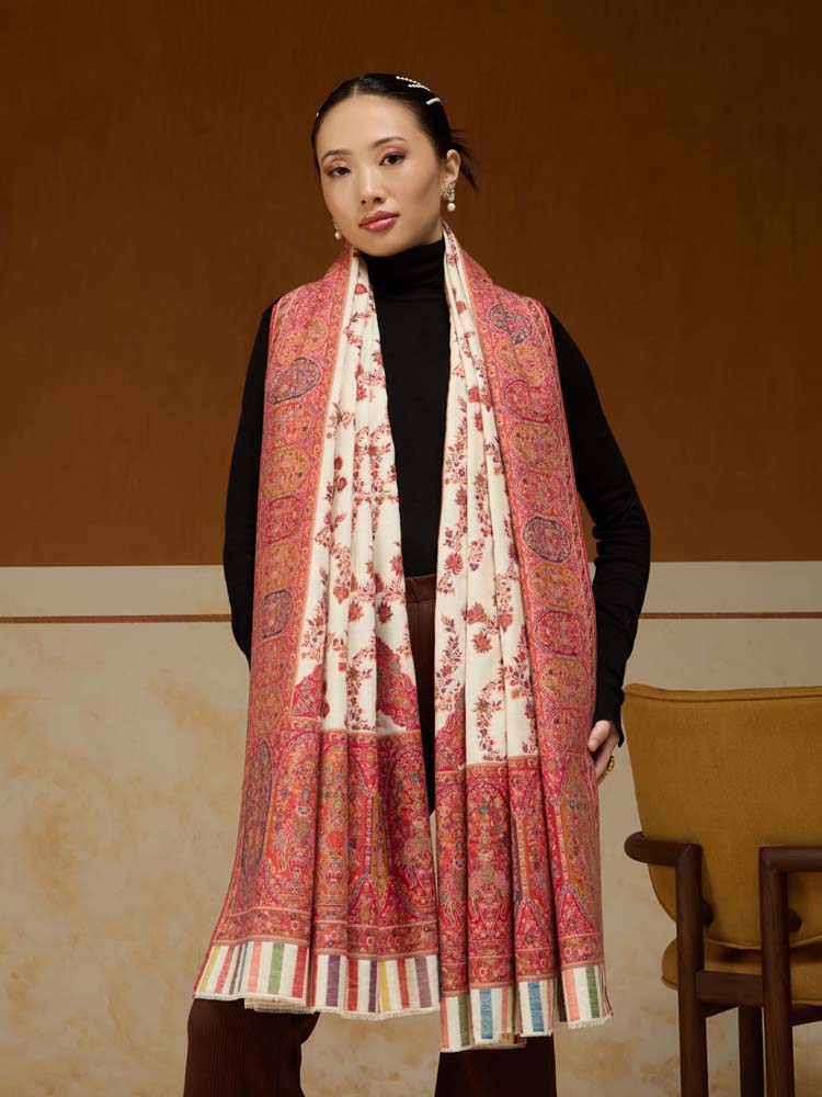 ImageKusumrekhā Floral Kani Shawl – Scarlet Offwhite