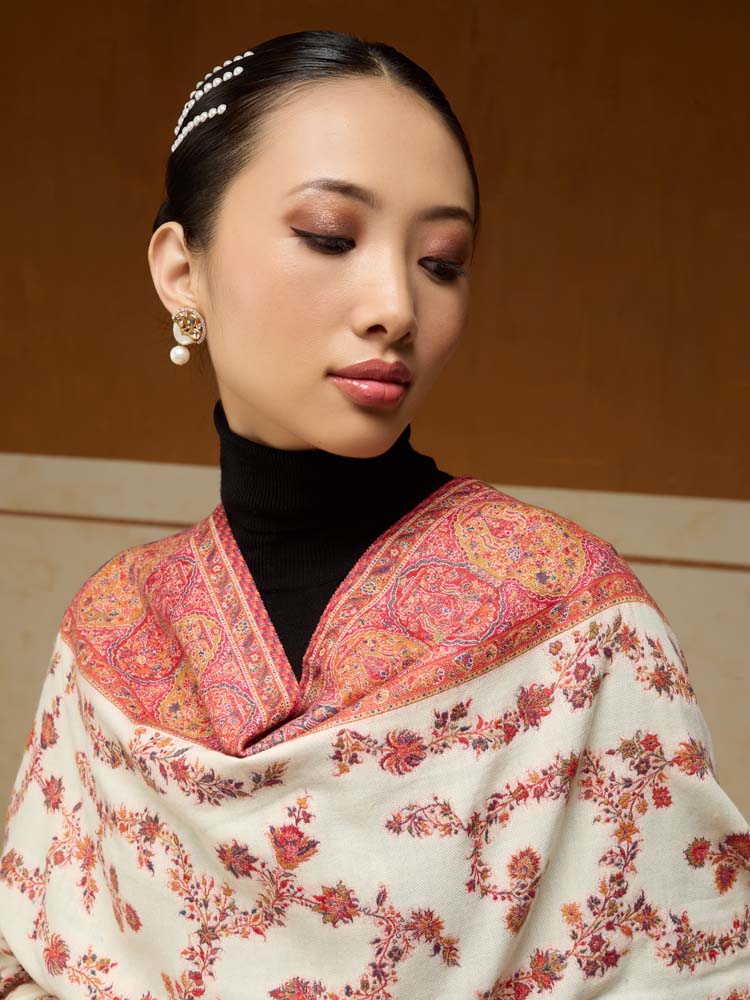ImageKusumrekhā Floral Kani Shawl – Scarlet Offwhite