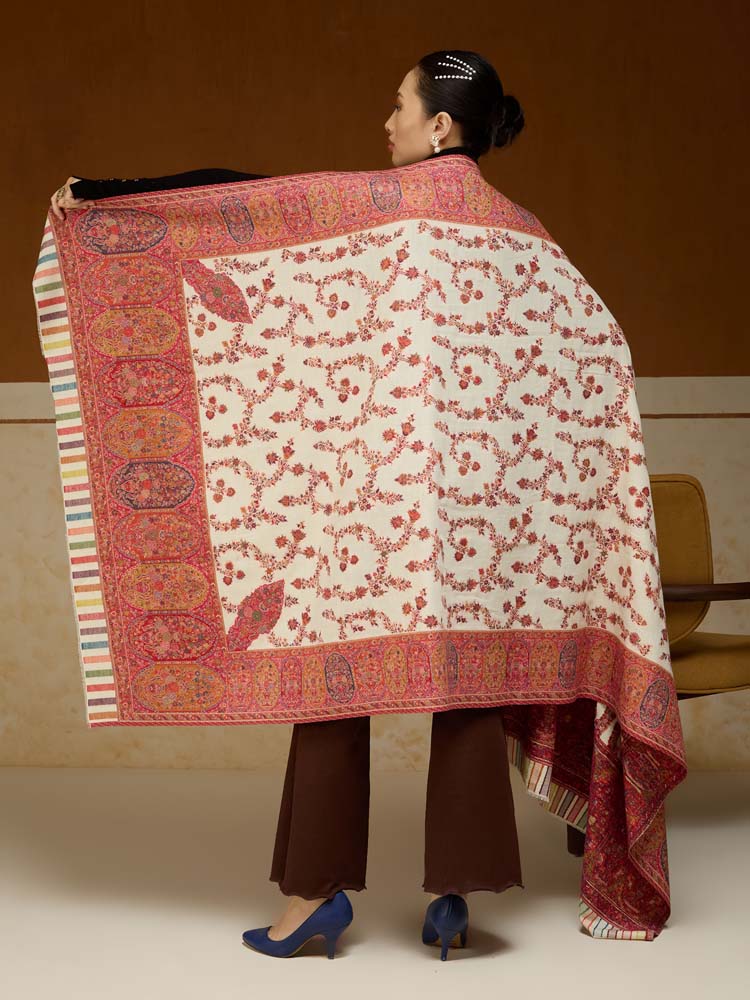 ImageKusumrekhā Floral Kani Shawl – Scarlet Offwhite