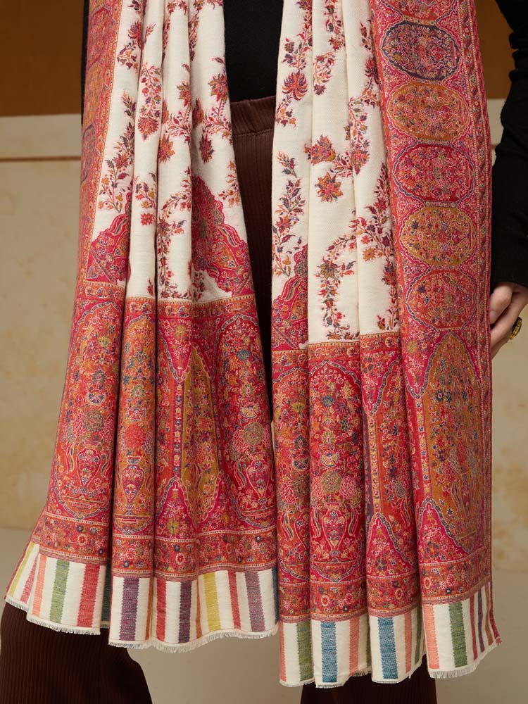 ImageKusumrekhā Floral Kani Shawl – Scarlet Offwhite