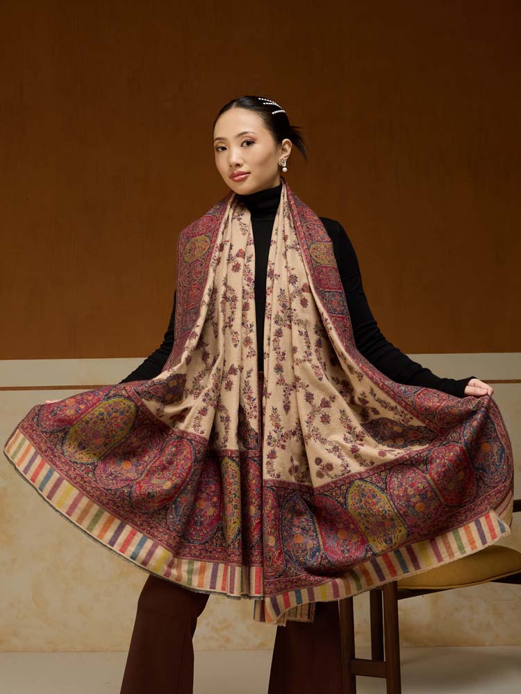 ImageKusumrekhā Floral Kani Shawl – Toosha Beige