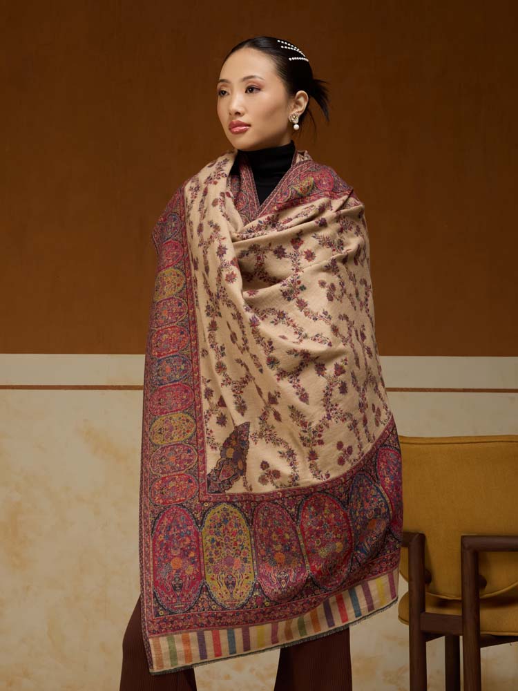 ImageKusumrekhā Floral Kani Shawl – Toosha Beige