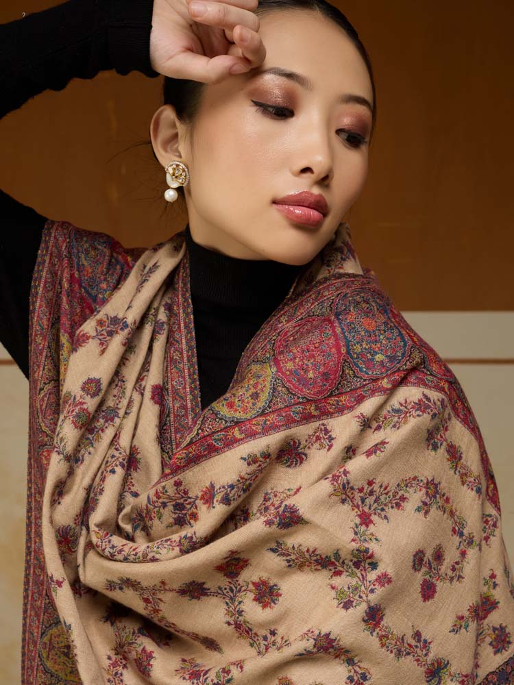ImageKusumrekhā Floral Kani Shawl – Toosha Beige