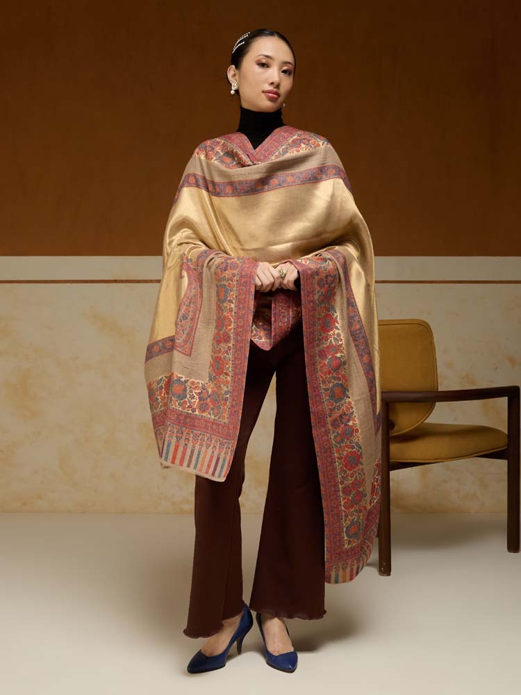 ImageSwarna Paisley Wool Zari Shawl – Camel, Gold