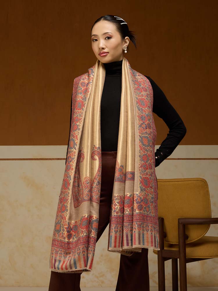 ImageSwarna Paisley Wool Zari Shawl – Camel, Gold