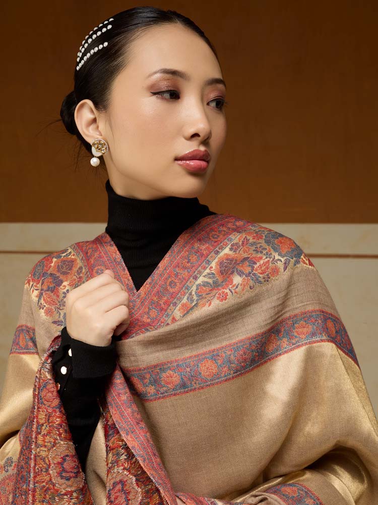 ImageSwarna Paisley Wool Zari Shawl – Camel, Gold