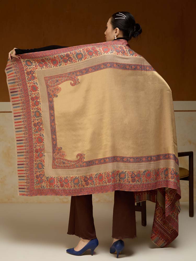 ImageSwarna Paisley Wool Zari Shawl – Camel, Gold