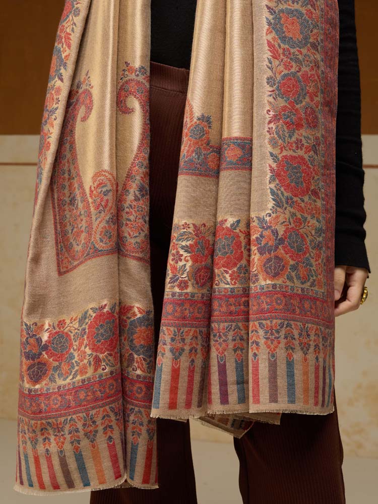 ImageSwarna Paisley Wool Zari Shawl – Camel, Gold