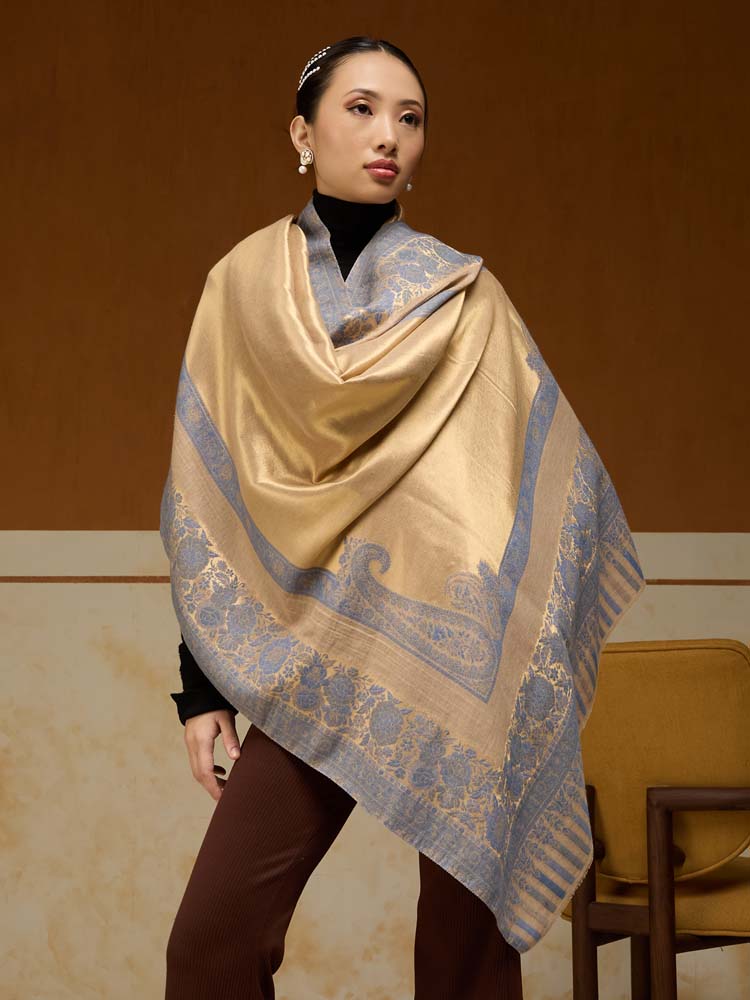 ImageSwarna Paisley Wool Zari Shawl – Quartz Gold