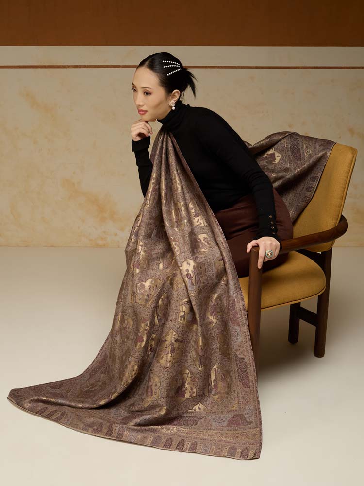 ImageNaqqashi Royale Kalamkari Zari Shawl – Almond, Gold